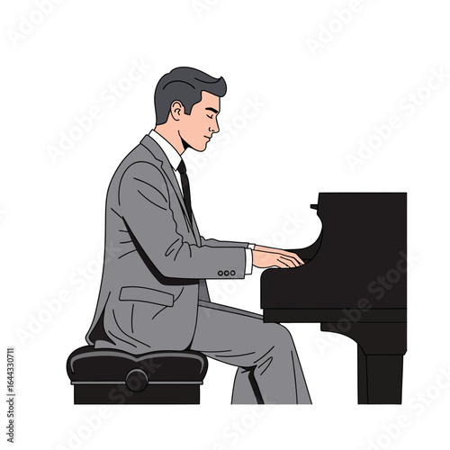 Elegant pianist in a formal suit playing a classical composition on a grand piano, a vector illustration of musical artistry.
