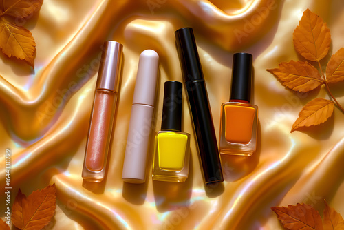 Autumn cosmetic set, light pink lipstick, mascara, yellow and orange nail polish and hygienic lipstick on autumn orange women's raincoat lying on the table.
