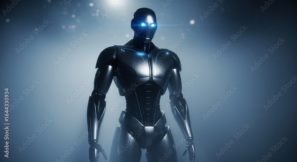 Fototapeta premium Futuristic Robot with Glowing Eyes in Dramatic Lighting, Sci-Fi Concept.