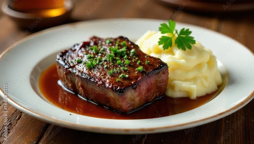 Beef short rib on plate with mashed potatoes and parsley, red wine reduction, mashed potatoes Beef short rib on plate with mashed potatoes and parsley, red wine reduction, mashed potatoes