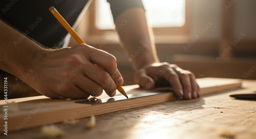 Obraz premium Carpenter marking wood with pencil