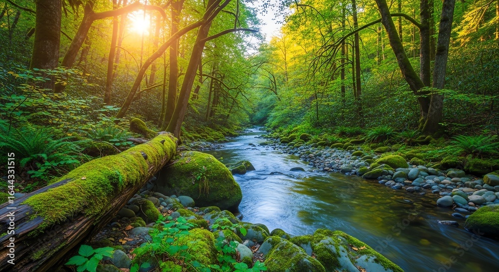 Fototapeta premium Forest stream sunlight moss rocks nature scene