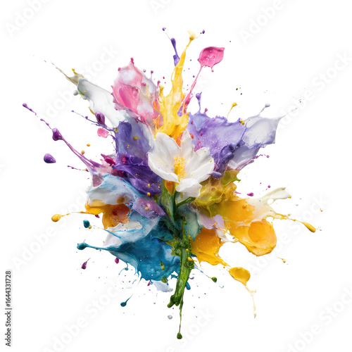 Vibrant flower bouquet exploding in a colorful paint splash