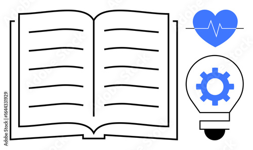 Open book with lines, blue heart with heartbeat line, and light bulb with gear. Ideal for education, healthcare, innovation, technology, self-improvement knowledge growth and creativity. Simple