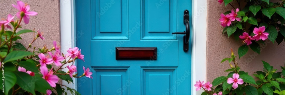 Fototapeta premium Blue door, black handle, pink flowers, house facade, blue door, summer