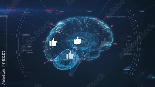 Upon appearing 3D-render brain rotating, markers and thumbs-up icons highlighting brain activity