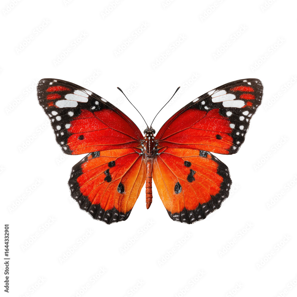 Fototapeta premium Vivid orange butterfly with black and white markings on its wings, showcasing intricate details against a plain black background