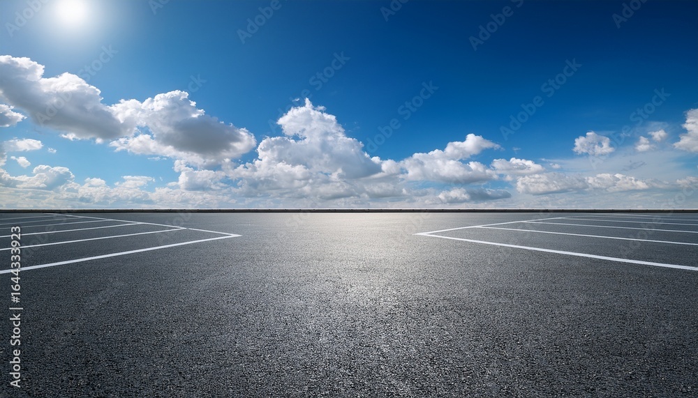 Fototapeta premium empty asphalt parking lot under a bright blue sky with fluffy clouds