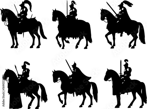 Vector sketch illustration silhouette design of a group of horse-mounted war troops in armor in classic vintage era