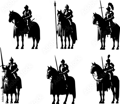 Vector sketch illustration silhouette design of a group of horse-mounted war troops in armor in classic vintage era 