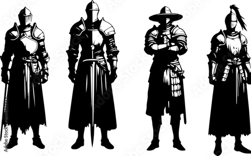 Vector sketch illustration silhouette design of a group of soldiers knights in armor of the classic vintage kingdom era with combat weapons