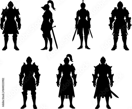 Vector sketch illustration silhouette design of a group of soldiers knights in armor of the classic vintage kingdom era with combat weapons