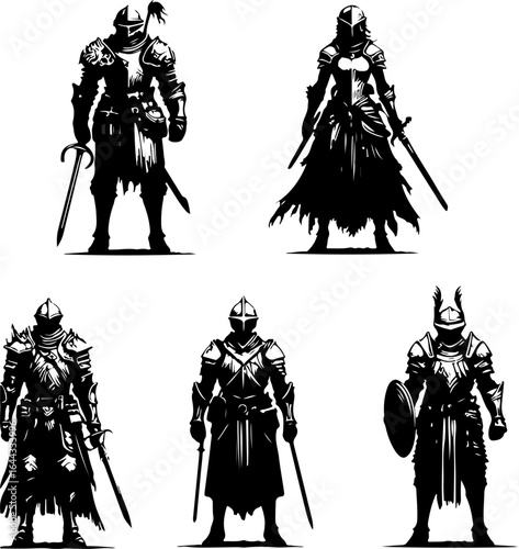Vector sketch illustration silhouette design of a group of soldiers knights in armor of the classic vintage kingdom era with combat weapons