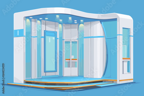 Modern Futuristic Exhibition Booth with Sleek Lines and Bright Lighting
