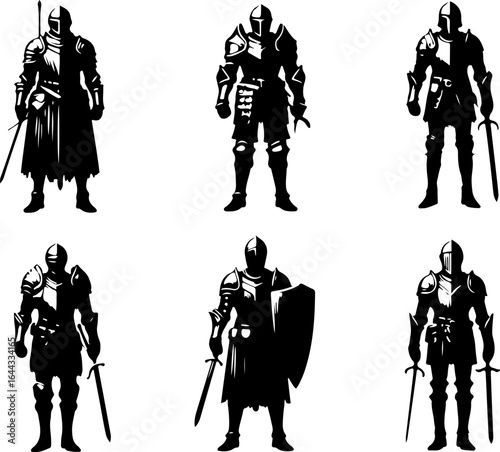 Vector sketch illustration silhouette design of a group of war troops in armor from the classic vintage empire era with combat weapons