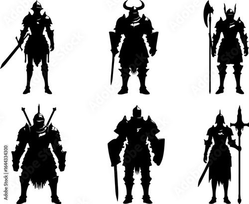 Vector sketch illustration silhouette design of a group of war troops in armor from the classic vintage empire era with combat weapons