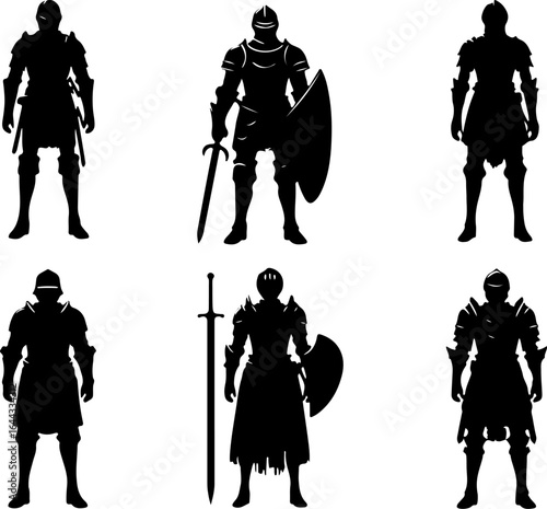 Vector sketch illustration silhouette design of a group of war troops in armor from the classic vintage empire era with combat weapons