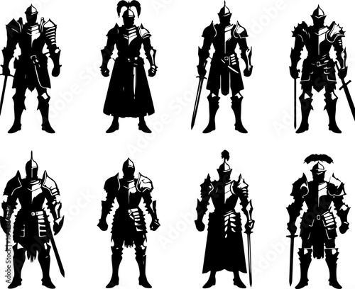 Vector sketch illustration silhouette design of a group of war troops in armor from the classic vintage empire era with combat weapons