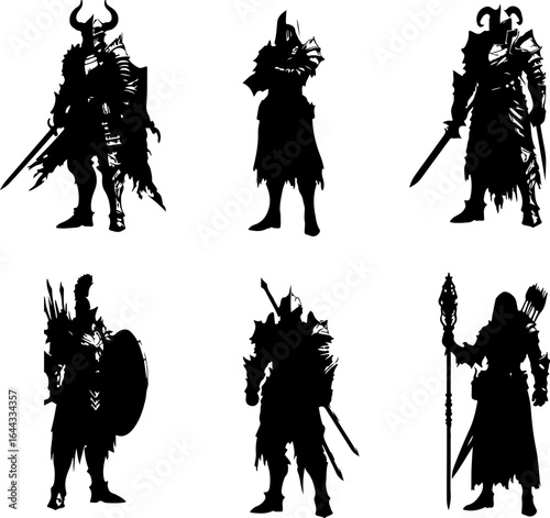 Vector sketch illustration silhouette design of a group of war troops in armor from the classic vintage kingdom era