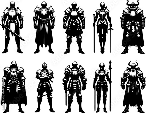 Vector sketch illustration silhouette design of a group of war troops in armor from the classic vintage empire era with combat weapons