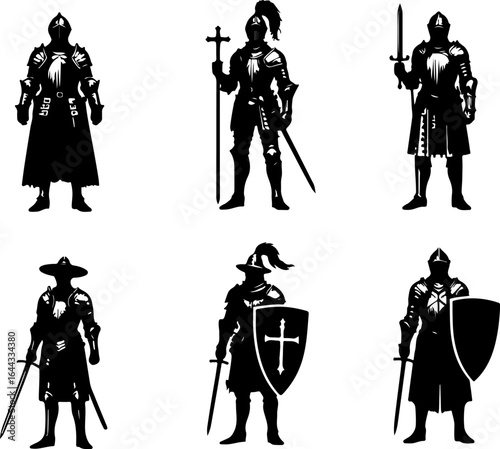 Vector sketch illustration silhouette design of a group of war troops in armor from the classic vintage kingdom era