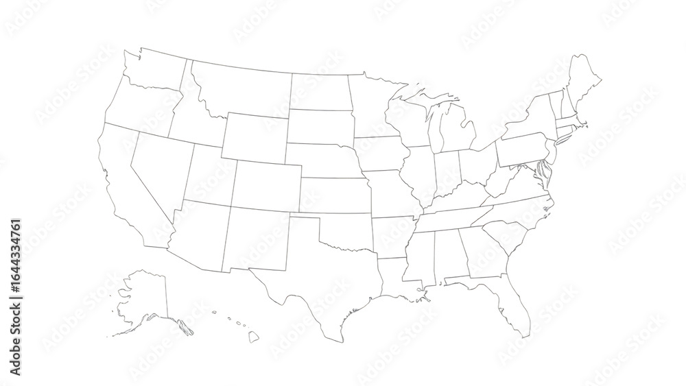 A simple gray outline map depicting the United States of America showing each state isolated on whit A simple gray outline map depicting the United States of America showing each state isolated on whit
