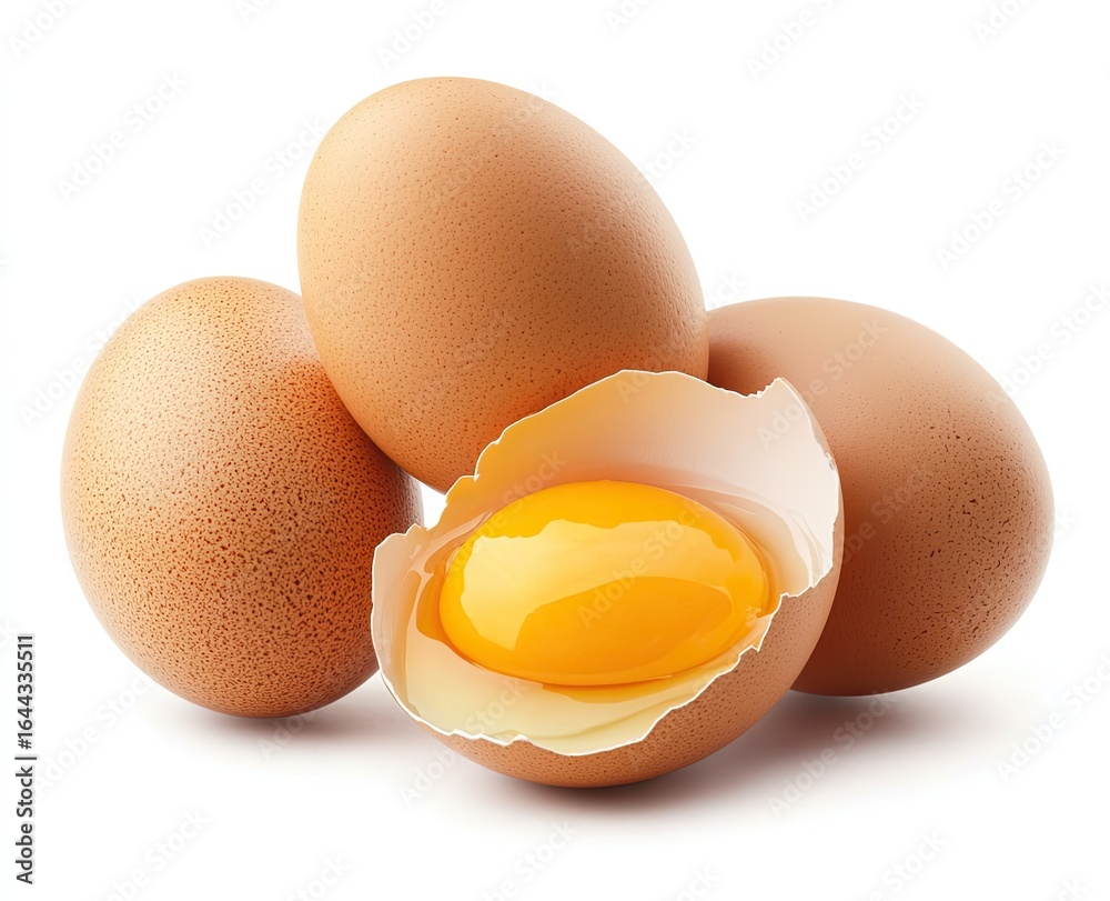 There are two brown eggs and one broken egg placed on a white background There are two brown eggs and one broken egg placed on a white background