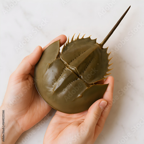 Person holding a horseshoe crab in hands on marble surface  