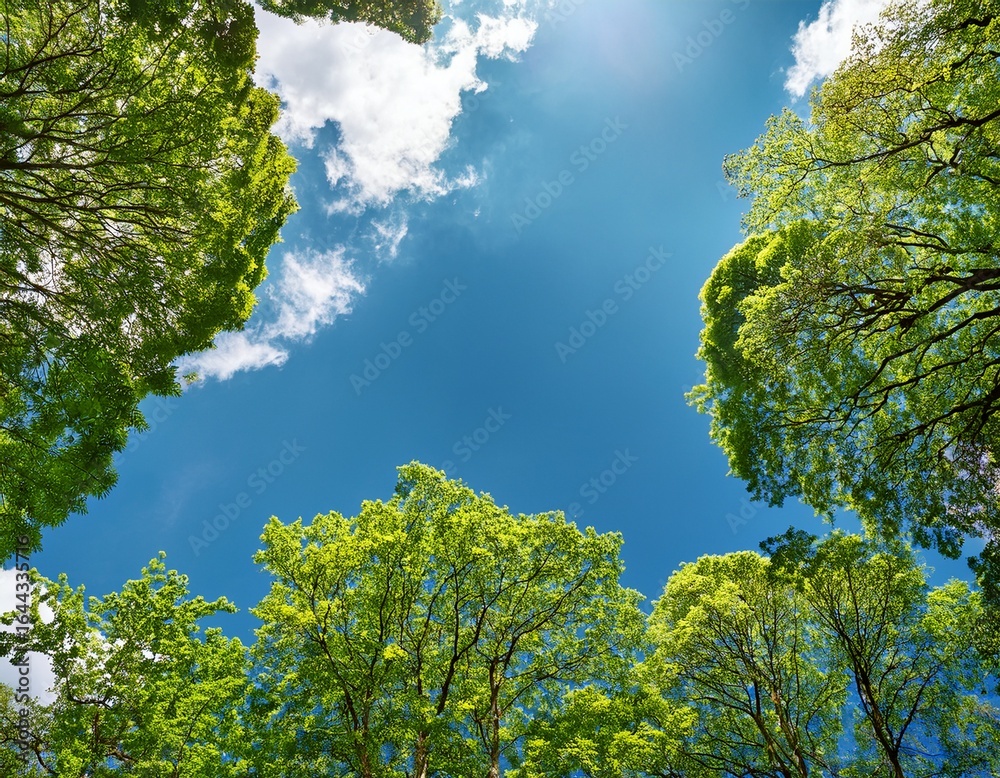 Fototapeta premium a breathtaking view looking up at lush green tree canopies against a bright blue sky dotted with white clouds
