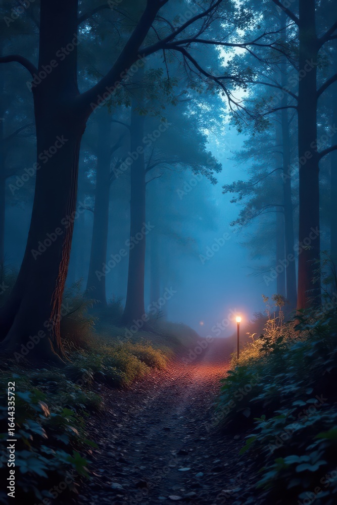 Obraz premium Swirling light patterns illuminate a foggy nocturnal woodland, photo, scene, color