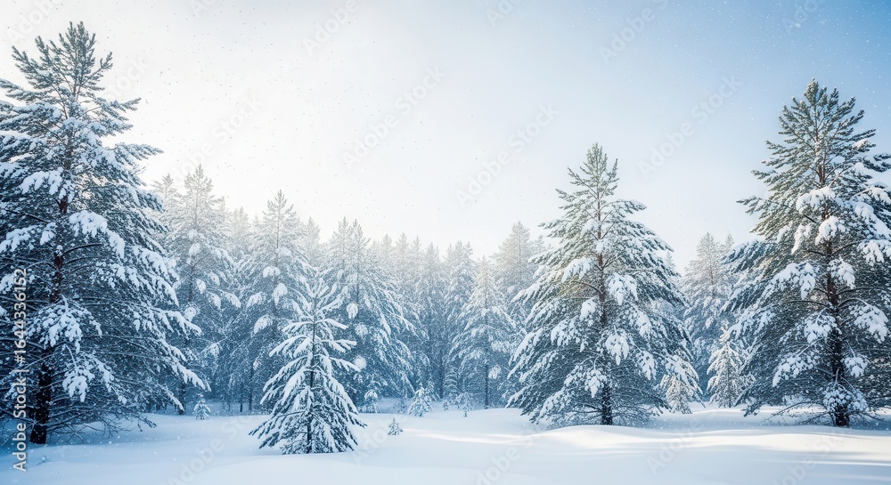 Fototapeta premium Beautiful Snowy Forest with Falling Snowflakes on a Clear Day
