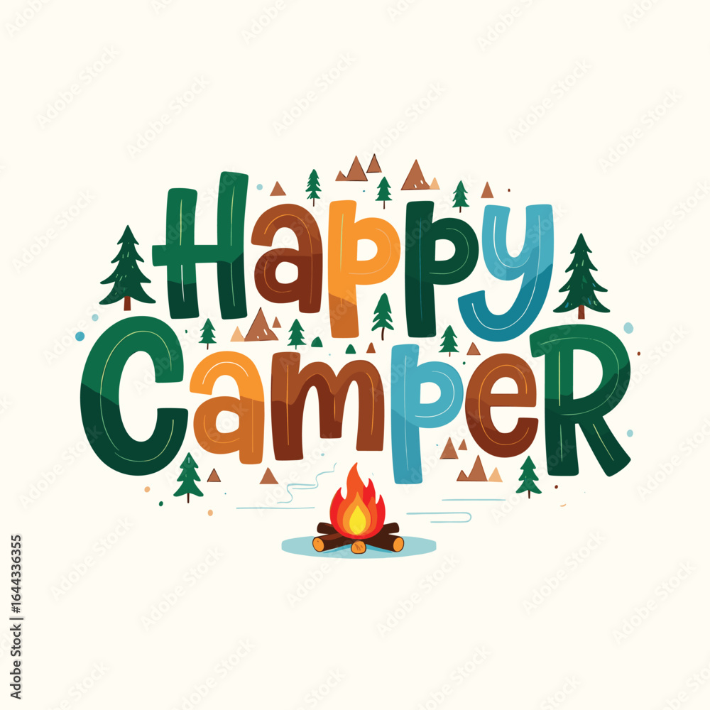 Fototapeta premium Happy Camper with campfire and trees camping outdoors