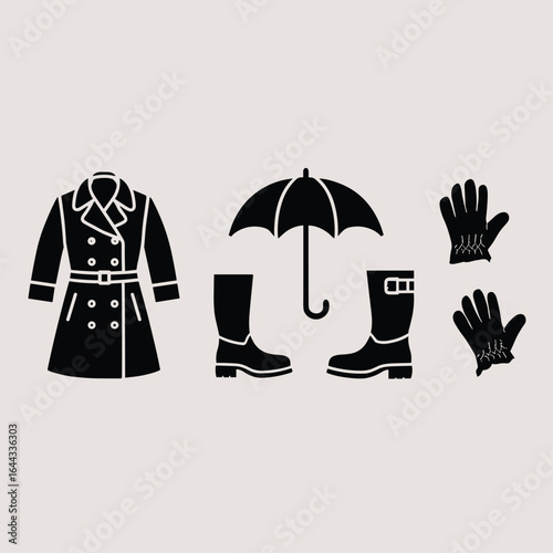 Black silhouette icons of rainwear and accessories