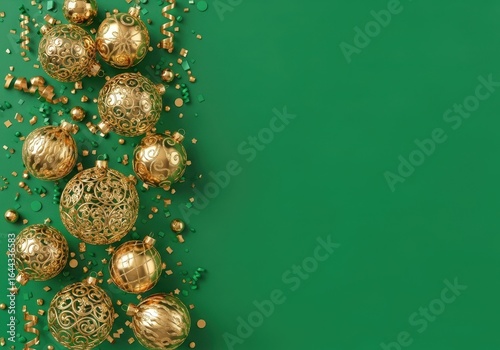 Festive Golden Ornaments Scattered on Vibrant Green Background with Glittering Confetti