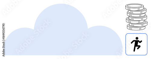 Large cloud base with stacked coins and fitness activity tracker signifying storage, health, wealth, and digital service integration. Ideal for data, finance, health, productivity, connectivity