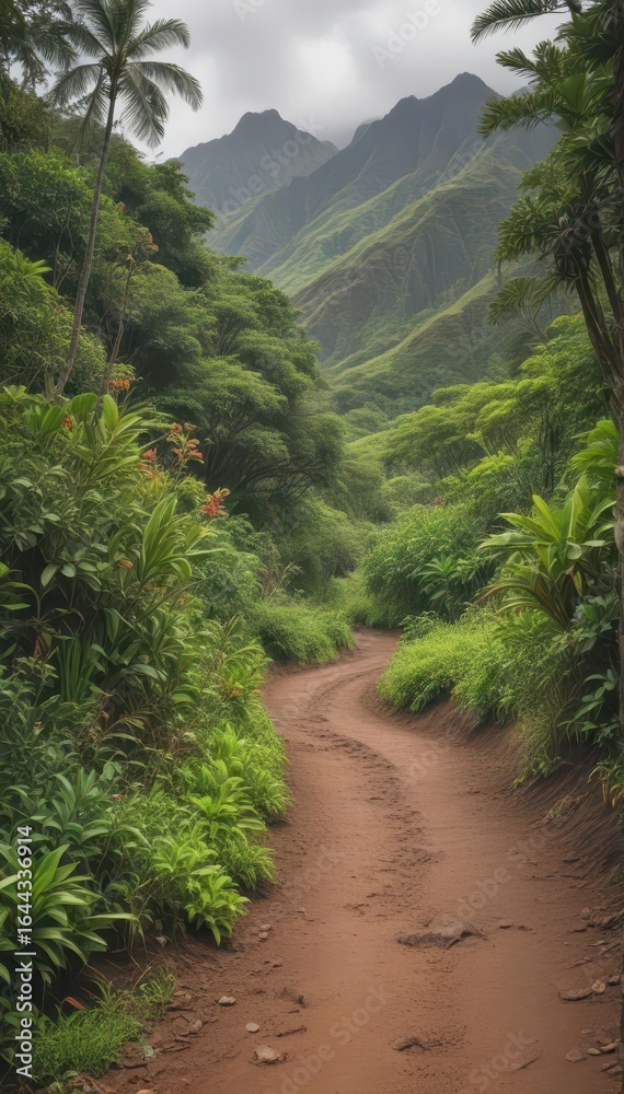 Obraz premium Winding dirt path through lush Hawaiian mountains , volcano, earth, exploration