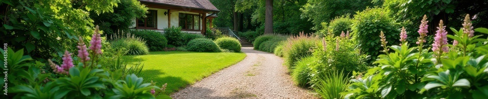 Naklejka premium Weathered gravel path in garden leading to a cottage, , flowers