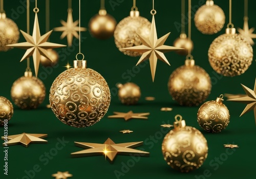 Festive Golden Christmas Ornaments and Stars Adorning a Deep Green Background for Holiday Celebrations