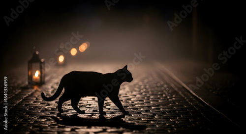 Black Cat Silhouette Walking on a Dark Cobblestone Street at Night with Lanterns