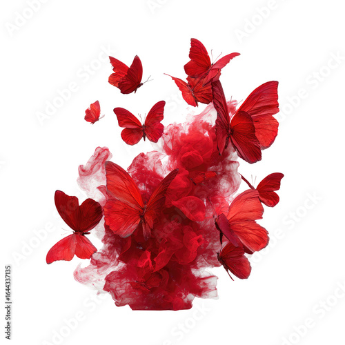 Red butterflies flutter around a vibrant red and white ink cloud, creating a dynamic and artistic scene