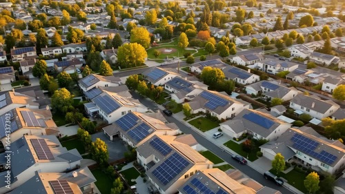 Aerial View of Residential Homes with Solar Panels
