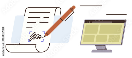 Paper with handwritten signature, pen, and computer screen displaying browser window. Ideal for digital signature, online agreement, document verification, e-contract, online tools, data sharing