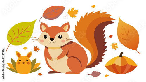 Cute cartoon squirrel with bushy tail surrounded by colorful autumn leaves, a cheerful bunny, and a pumpkin, celebrating the vibrant essence of the fall season