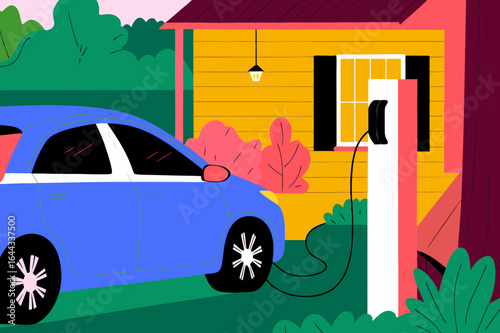 Electric car charging at home wall station in cozy vector illustration, featuring a vibrant green yard and charming house in the background, showcasing modern eco-friendly lifestyle