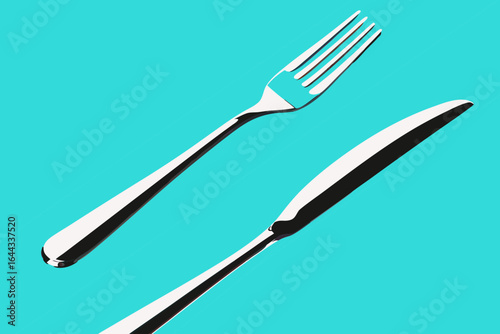 Silver fork and knife arranged elegantly on a vibrant turquoise background, showcasing modern cutlery design with a focus on sleek lines and polished surfaces