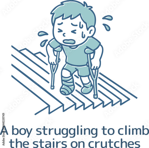 苦労して階段を上がる松葉杖をついている少年
A boy on crutches struggling to climb stairs