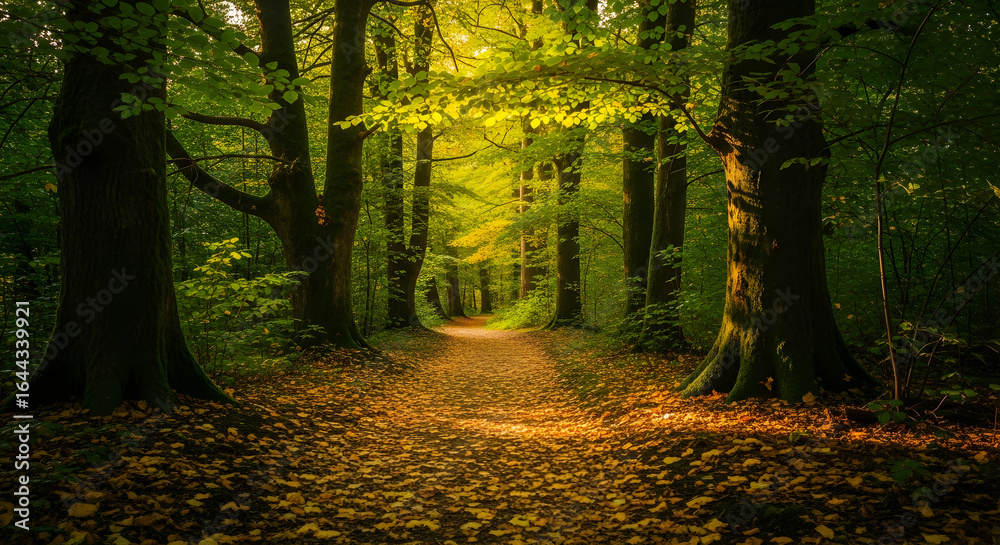 Obraz premium Autumn Forest Path with Golden Leaves and Sunlight Streaming Through Trees