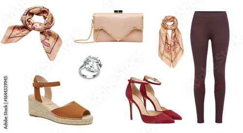 LIFESTYLE - Elegant fashion accessories and women's clothing including scarf, clutch bag, rings, wedge sandals, high heels, and stylish purple leggings