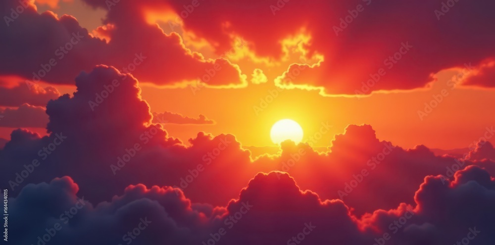 Fototapeta premium Blazing orange and red sunset hues paint the sky, clouds ablaze , evening, texture