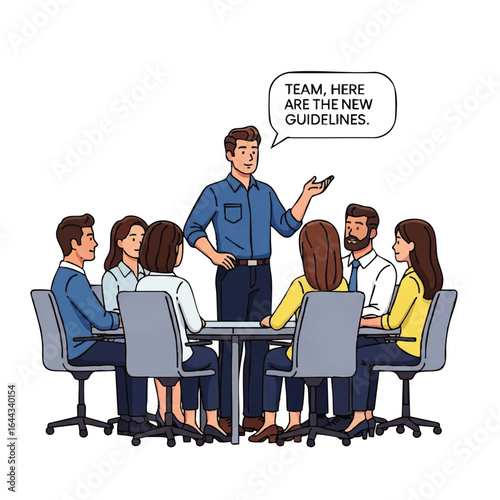 A team leader presenting new guidelines to colleagues during a meeting at a table.